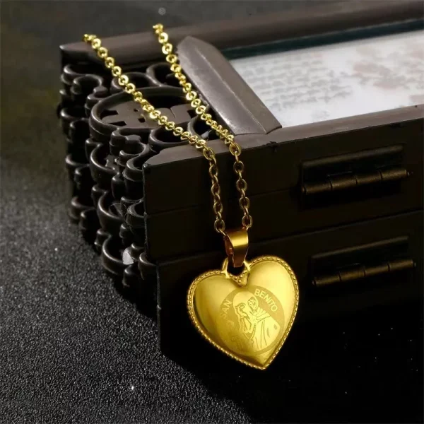 Catholic Saint Benedict Love Stainless Steel Heart Shape Pendant Necklace Christian Religious Gift Unisex