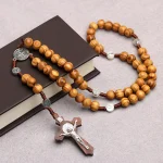Catholic Rosary Crucifix Religious Jewelry Saint Benedict Charm Cross Pendant Jesus 10mm Wood Beads Handmade Rosaries Wholesale - Image 4