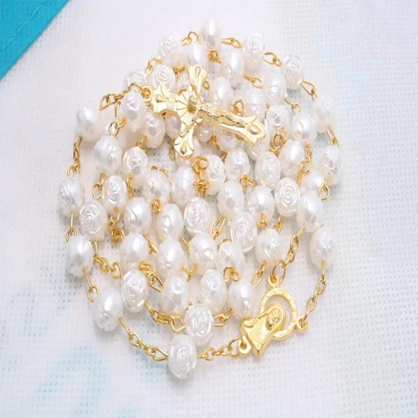Catholic Rosary 8mm Gold Rose Beads Cross Handmade Curved Needle Religious Necklace Church Easter Gift