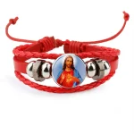 Mecrt Layered PU Leather Bracelets With Round Miraculous Jesus Virgin Mary Figures Medal Beads Wristband Bangle Bracelet - Image 3