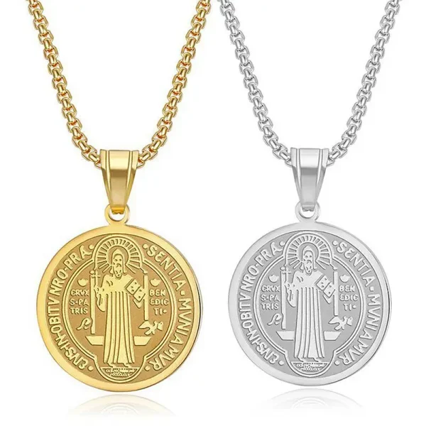 Mecrt Saint Benedict Christian Stainless Steel Disc Necklace Priest Exorcist Pendant Jewelry