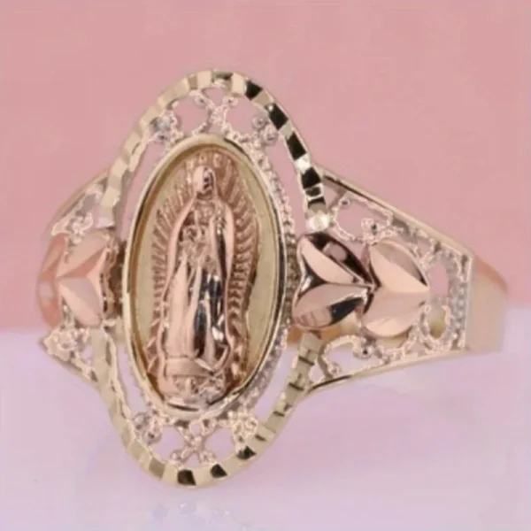 Copper micro-set luxury Virgin of Guadalupe vintage jewelry gold hollowed-out high-end design time ring