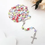 European American Style Flat Bead Lace Alloy Gold Religious Catholic Prayer Gift Colorful Flower Long Cross Pendant Rosary