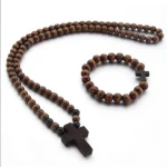 Mecrt Fashion Wood Beaded Rosary Necklace 8mm Wooden Beads Necklace with Cross Pendant Religious Necklaces - Image 2