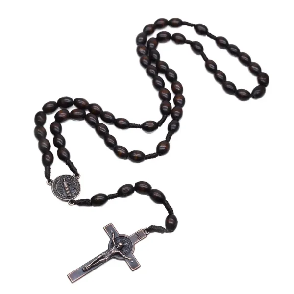 Catholic Rosary Crucifix Prayer Beads Christ Wooden Beads Cross Necklace Jesus Saint Jewelry for Christianity Church Eas