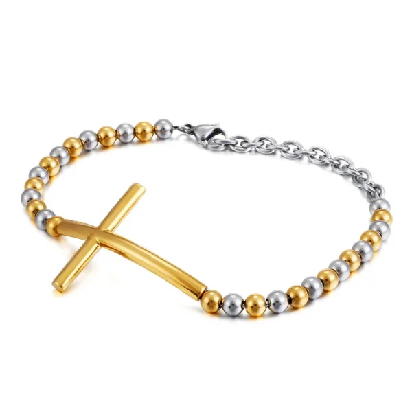 Fashion Jewelry Cross Bracelet for Men and Women Catholic Rosary Lucky Charm Round Beads Titanium Steel Valentine’