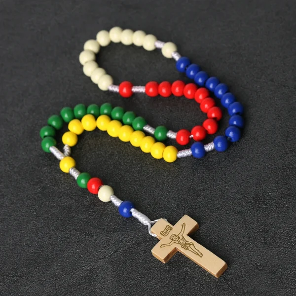 Cheap Rosary Cross Jesus Colored Beads Handmade Catholic Religious Wooden Jewelry Holy Communion Baptism Church Gifts Wh
