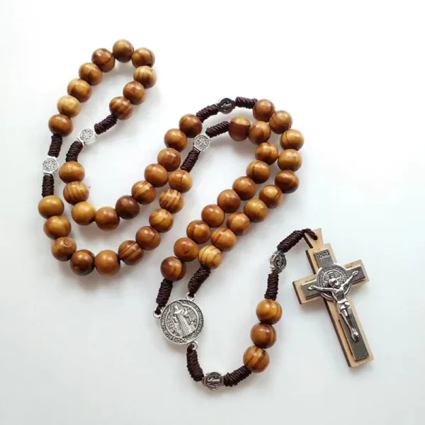 St Benedict Medal Religious Rosary 10mm Wood Beads Cross Necklace Catholic Rosaries