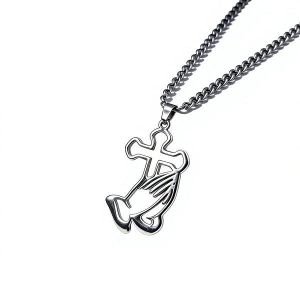 Stainless Steel Bamboo Chain Sporty Unisex Prayer Hand Cross Necklace Pendant Personalized Sweater Chain Jewelry Accesso