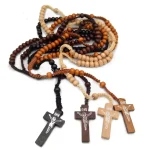 Catholic Wood Rosary Necklace with Cross and Jesus Religious Christian Pendant Beads Religious Jewelry Wholesale - Image 2