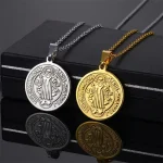 St. Benedict Stainless Steel Beaded Cross Design Coin Necklace Religious Catholic Jewelry Gift
