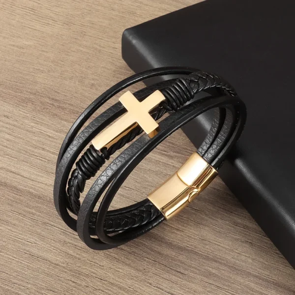 Hot-Selling Trendy Charm Woven Leather Bracelet Handmade Magnetic Clasp Gold Cross