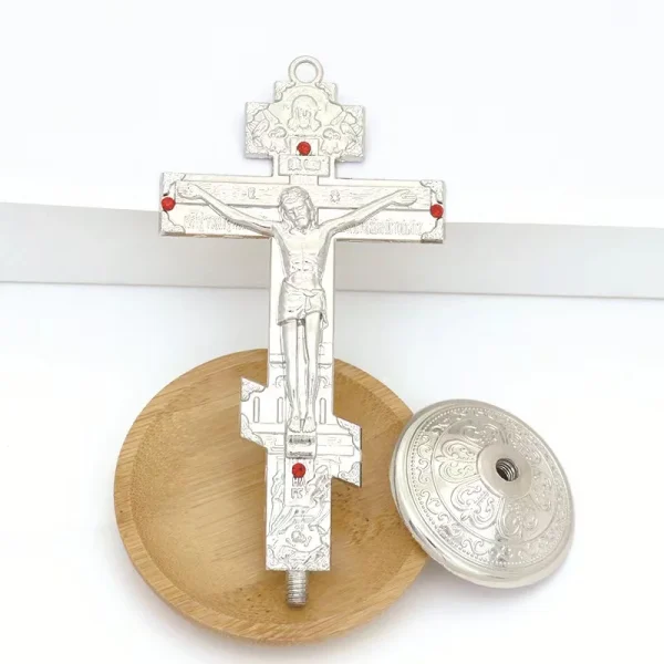 Mecrt Hot Sale 14*6.7cm 57g Orthodox Standing Crucifix Table Cross Gold Antique Ribbon Base Jesus Ornament Gift