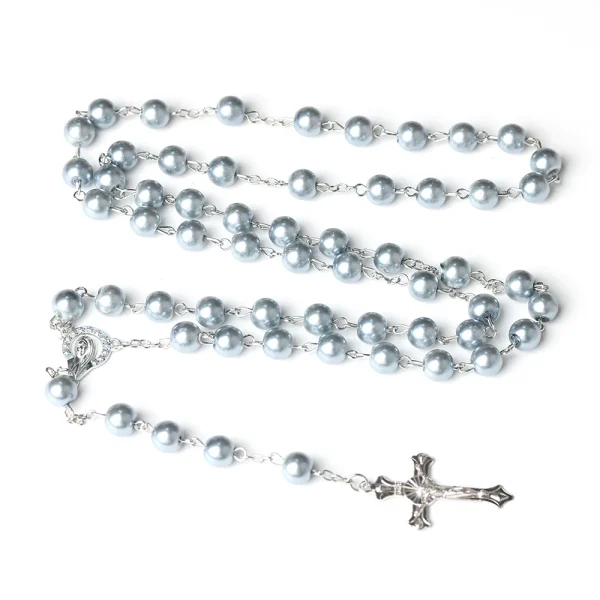 Catholic Cross Rosary Necklace Imitation Pearl 8MM Beads Easter Christian Sacrifice Gifts Church Prayer Jewelry Wholesal