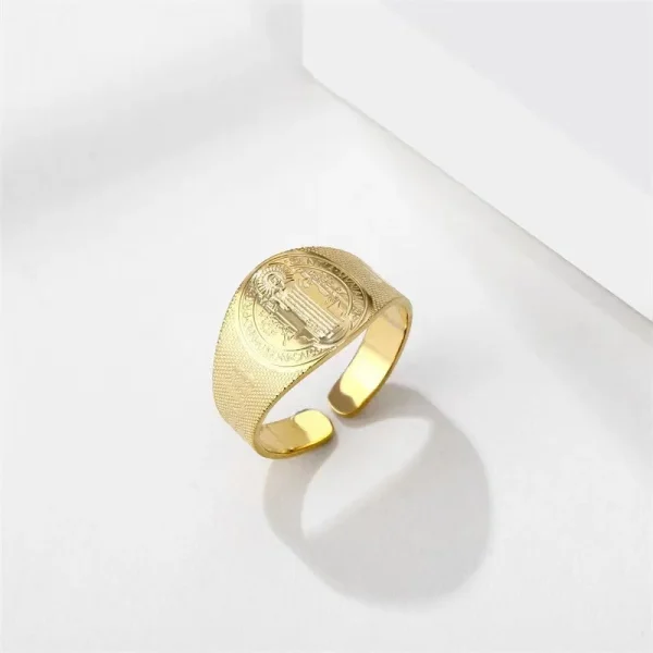 Catholic Christian Crucifix Adjustable Religious Man Ring Saint Benedict Jesus Gold Plated Stainless Steel for Gift