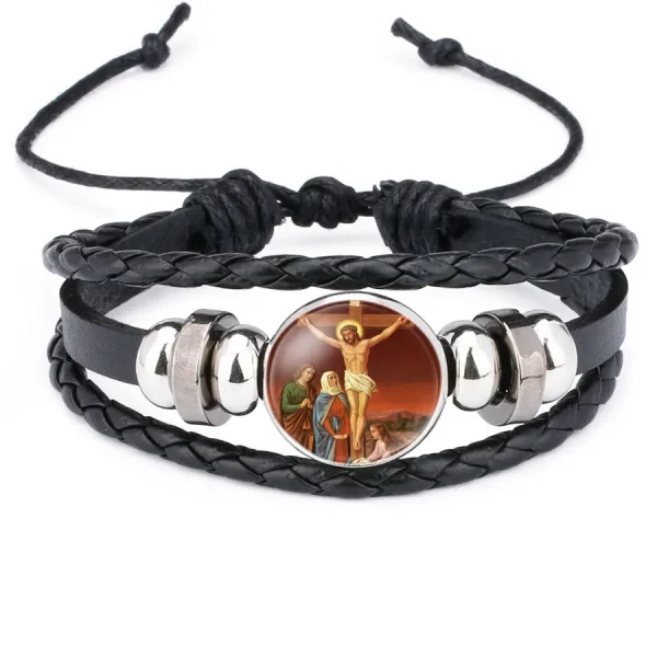 Mecrt Layered PU Leather Bracelets With Round Miraculous Jesus Virgin Mary Figures Medal Beads Wristband Bangle Bracelet