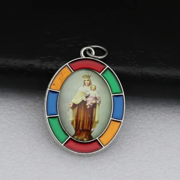 Colored Oval Photo Religious Pendant Natural Stone Alloy Catholic Jewelry Accessories Hanging Decoration Badge Our Lady 