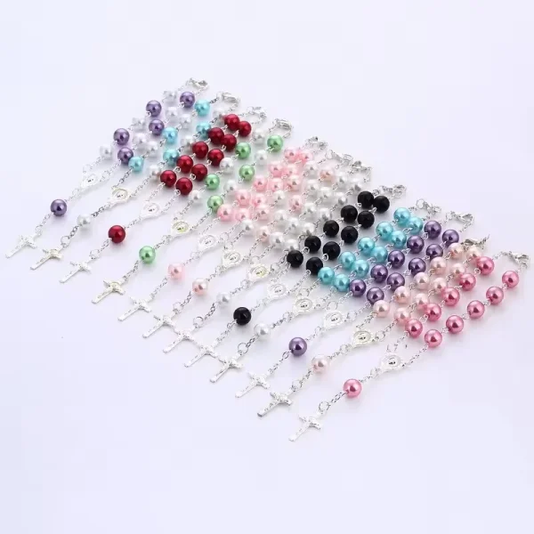 Colorful Pearl Rosary Cross Bracelet Handmade Beaded Religious Jewelry Anniversary Gift Mainly Made of Zinc Alloy
