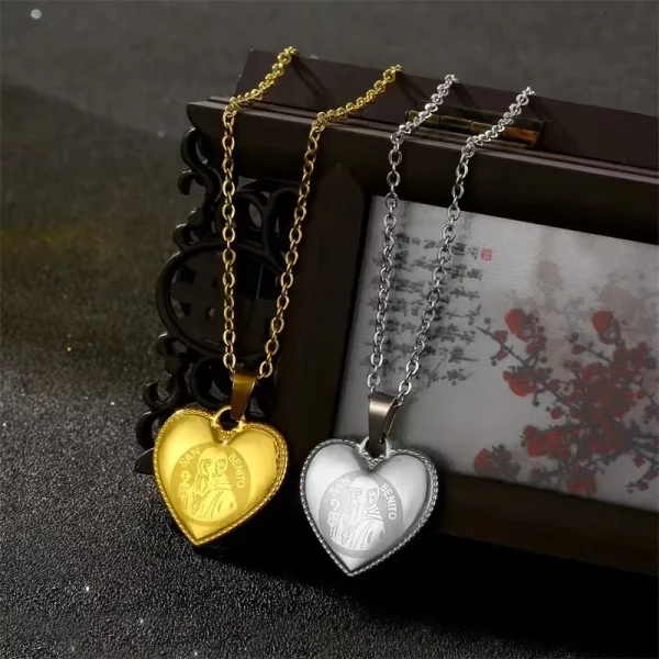 Catholic Saint Benedict Love Stainless Steel Heart Shape Pendant Necklace Christian Religious Gift Unisex