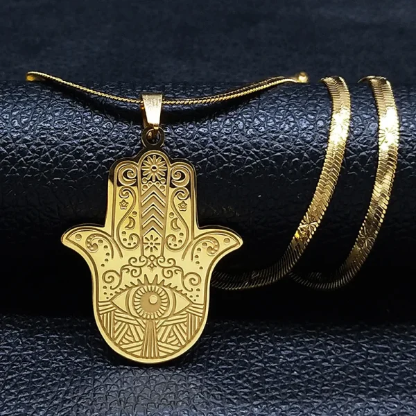 Mecrt Fatima Hasam Hand Necklace Gold Plated Stainless Steel Round Beaded Chain Religious Cross Design for Men Women As 