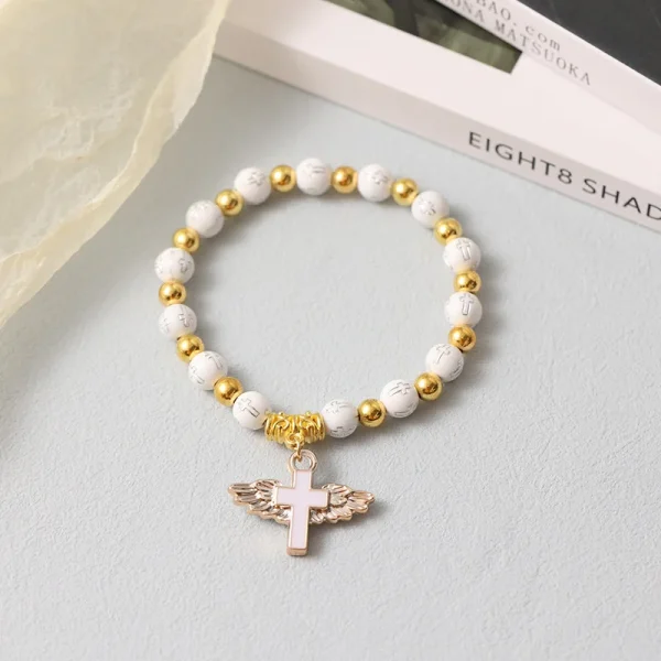 Catholicism Acrylic Cross Bead Bracelet with Gold Stamping Angel Cross Eucharist Baptism Rosary Bracelet Beaded Gift