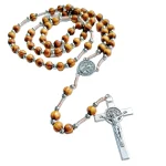 Religious Rosary Necklace Wood Beaded Cross Catholic Prayer BeadJesus and Saint Benedict Pendant Necklace