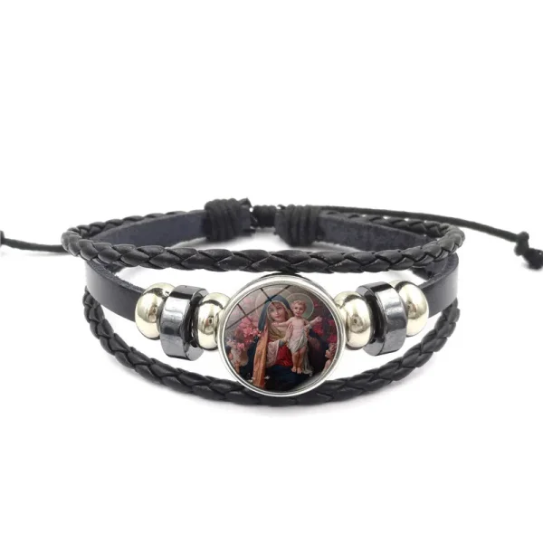 Mecrt Men’s Religious Punk Cuff Bracelets Virgin Mary Medal Beaded Woven Leather Wristband Zodiac Gifts with Cross