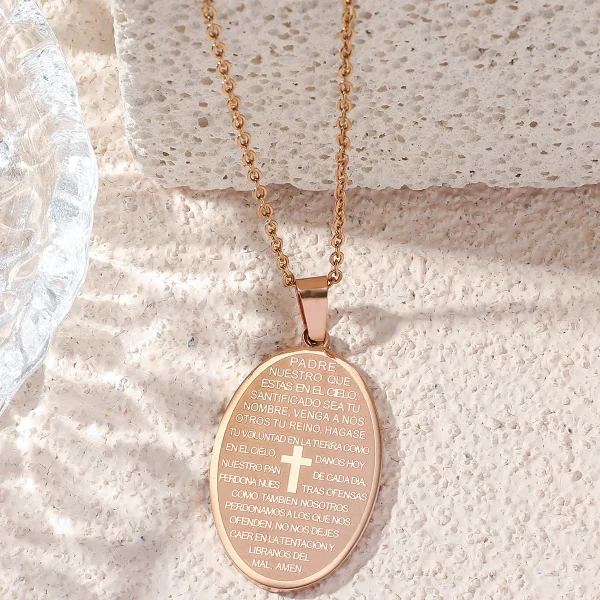 Catholic Gold Cross Pendant Stainless Steel Oval Religious Lettering Scripture Ornament Titanium Steel Necklace