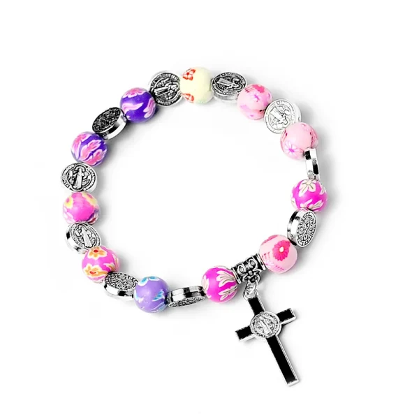 Mecrt Catholic Soft Pottery and Pearls Plating Alloy Beaded Bracelet Rosary Cross Charm Keepsake Purple Crystals Gift Un
