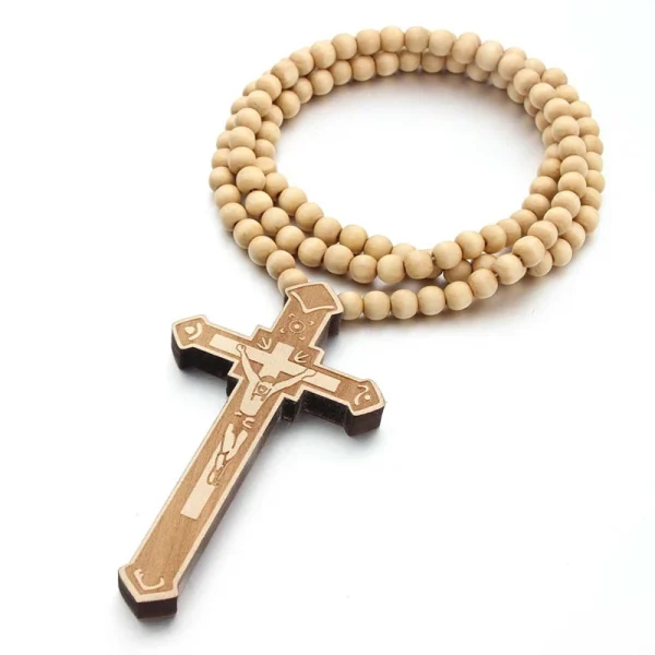 Mecrt Wooden Beaded Necklaces Religious Catholic Wood Bead Rosary Crucifix Cross Pendant Necklace for Men Easter Baptism