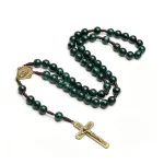 Mecrt Plastic Beads Rosary 10mm Green Beads Handcrafted Rosario Zinc Alloy Catholic Antique Cross Pendant Necklace