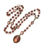 Catholic Religious Red Glass Pearl Rosary Beads Catholic Rosary Necklace With Oval Glasses Photo Pendant