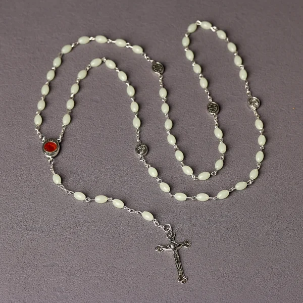 Mecrt Catholic Crucifix Luminous Cross Rosary Necklace Holy Soil Jerusalem Curved Needle Box Packaging for Gift Giving J