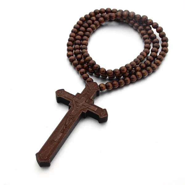 Mecrt Wooden Beaded Necklaces Religious Catholic Wood Bead Rosary Crucifix Cross Pendant Necklace for Men Easter Baptism