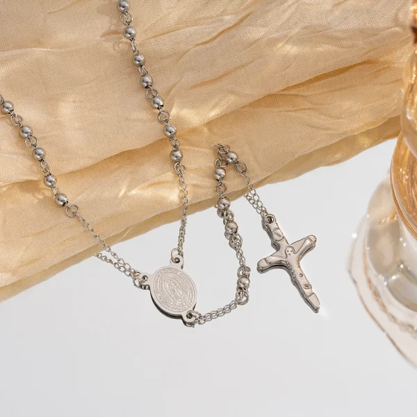 Wholesale Stainless Steel Rosary Retro Niche Personality Premium Oval Necklace Tassel Cross Pendant Catholic Prayer Bead