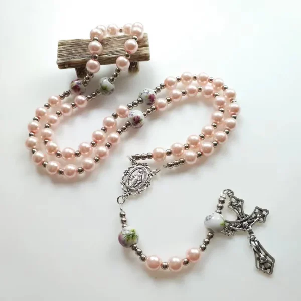 Mecrt Catholic Rosary Glass Crucifix Imitation Pearl Cross Rosary Zinc Alloy Necklace Beaded Pendant Chain Gift Wholesal