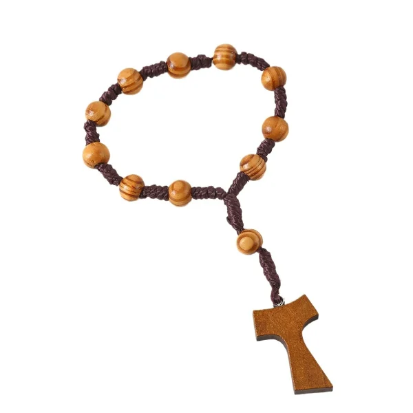 Catholic Natural Cross Rosary Beads Wood Jewelry Woven Knot Counting Wood Grain Beads 8mm Church Jewelry Wholesale