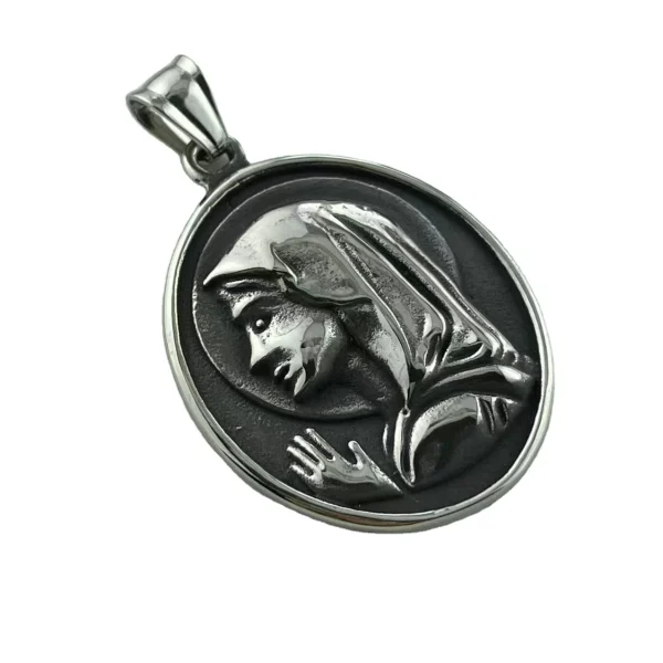 Catholic Stainless Steel Our Lady Medal Christian Embossed Oval Medal Raised Edge Rays of Light Virgin Mary Pendant