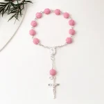 New Pink Rose Flower Rosary Children's Bracelet Cross Pendant Religious Anniversary Jewelry Gift - Image 6
