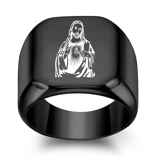 Catholic Jesus Ring Picture Christ Titanium Steel Square Glossy Stainless Steel Christian Rings Gold Black Ring Wholesal