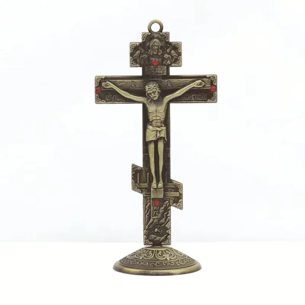 Mecrt Hot Sale 14*6.7cm 57g Orthodox Standing Crucifix Table Cross Gold Antique Ribbon Base Jesus Ornament Gift