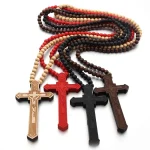 Mecrt Wooden Beaded Necklaces Religious Catholic Wood Bead Rosary Crucifix Cross Pendant Necklace for Men Easter Baptism Gift