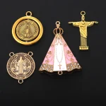 Catholic Gold Round Priest Listing Necklace DIY Zinc Alloy Pendant, Cross Pattern Jewelry Pendant - Image 3
