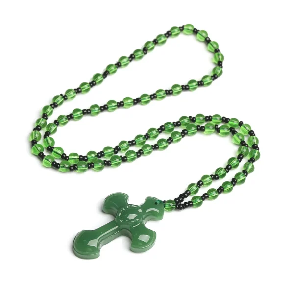 Mecrt Catholic Crucifix Green Necklace Fashionable Glass Cross Pendant Ethnically Styled Christian Jewelry Wholesale