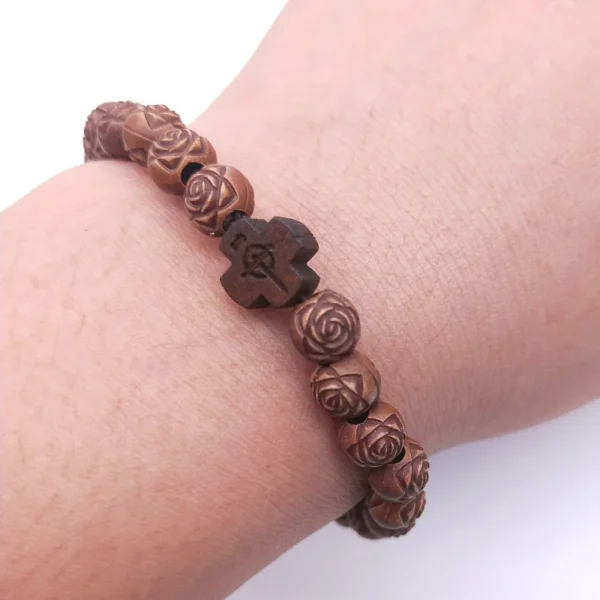 Religious Jewelry Plastic Wood Rose Bead Cross Bracelet 5.5g Rosary Bracelet