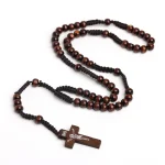 Catholic Rosary Necklace Jesus Cross Pendant Natural Wood Beads Jewelry Religious Exquisite Easter Christian Prayer Beads Gifts