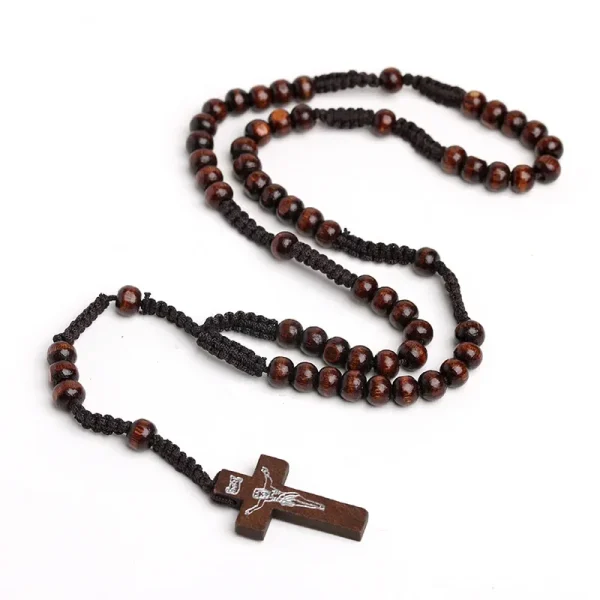Catholic Rosary Necklace Jesus Cross Pendant Natural Wood Beads Jewelry Religious Exquisite Easter Christian Prayer Bead