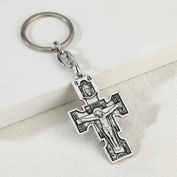 Russian Orthodox Cross Pendant Keychain Gold Plated Alloy Jesus Jewelry for Religious Weddings Parties and Gifts