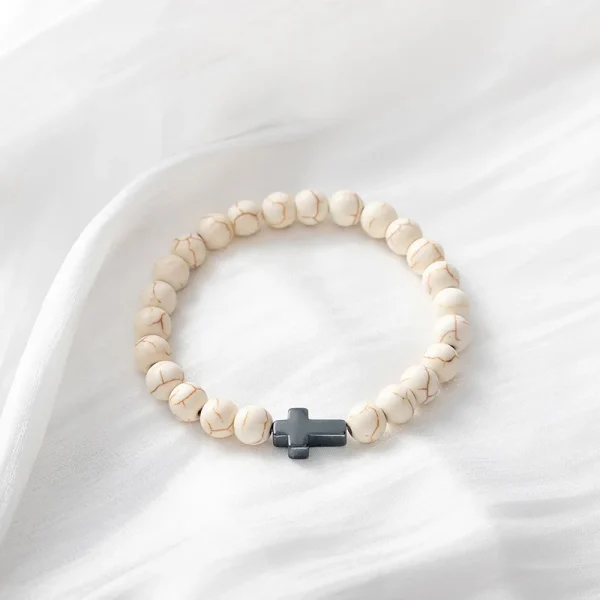 Vintage Zinc Alloy Beaded Bracelets Cross Charm Elastic Stretch Religious Catholic Gift