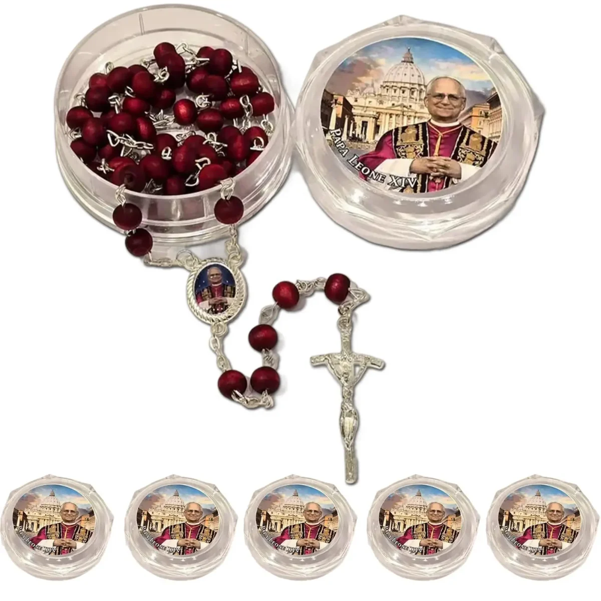Mecrt Catholic Rosary Beads Pope Red Rose Scented Wooden Cross Rosary Necklace Hand Engraved Plated Metal - Image 3